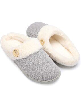 Women's Grey Warm Comfy Memory Foam Knitted Shoes Faux Fur Lined Slippers